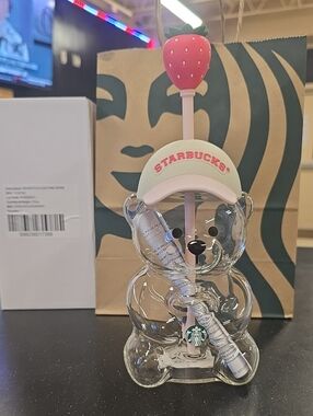 Starbucks Pink Drink Bear Cup with Pink Strawberry Cap And Topper